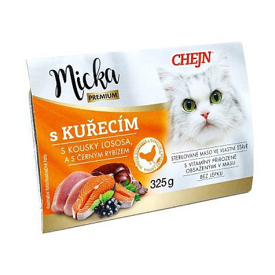 Micka s kuracím mäsom, kúskami lososa, čiernym ríbezlom a taurínom 325 g