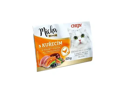 Micka s kuracím mäsom, kúskami lososa, čiernym ríbezlom a taurínom 325 g